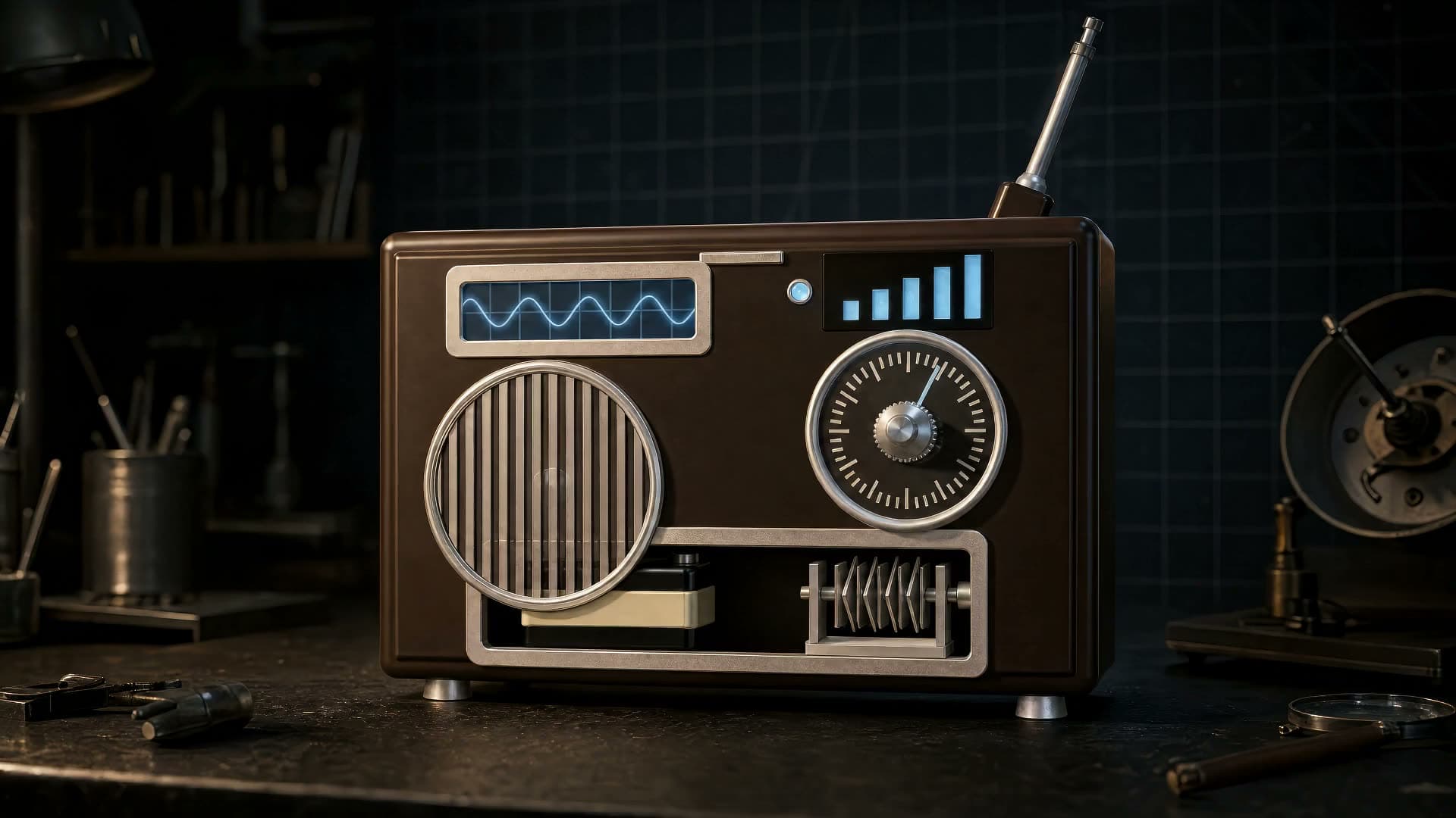 A mid-century Bakelite tabletop radio on a dark workshop bench: speaker grille, circular tuning dial, an azure waveform on its oscilloscope, five signal bars lit, telescoping antenna raised.